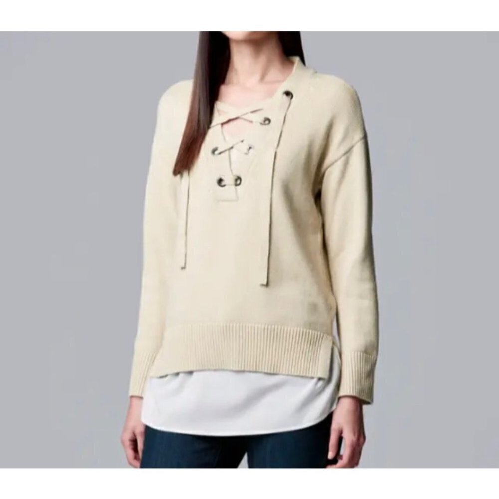 New Simply Vera Wang Mock-Layer Lace Up Sweater Leigh Beige Women's‎ Medium